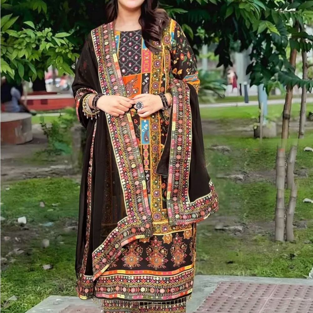Black n multicolor Muslin mirror work salwar suit